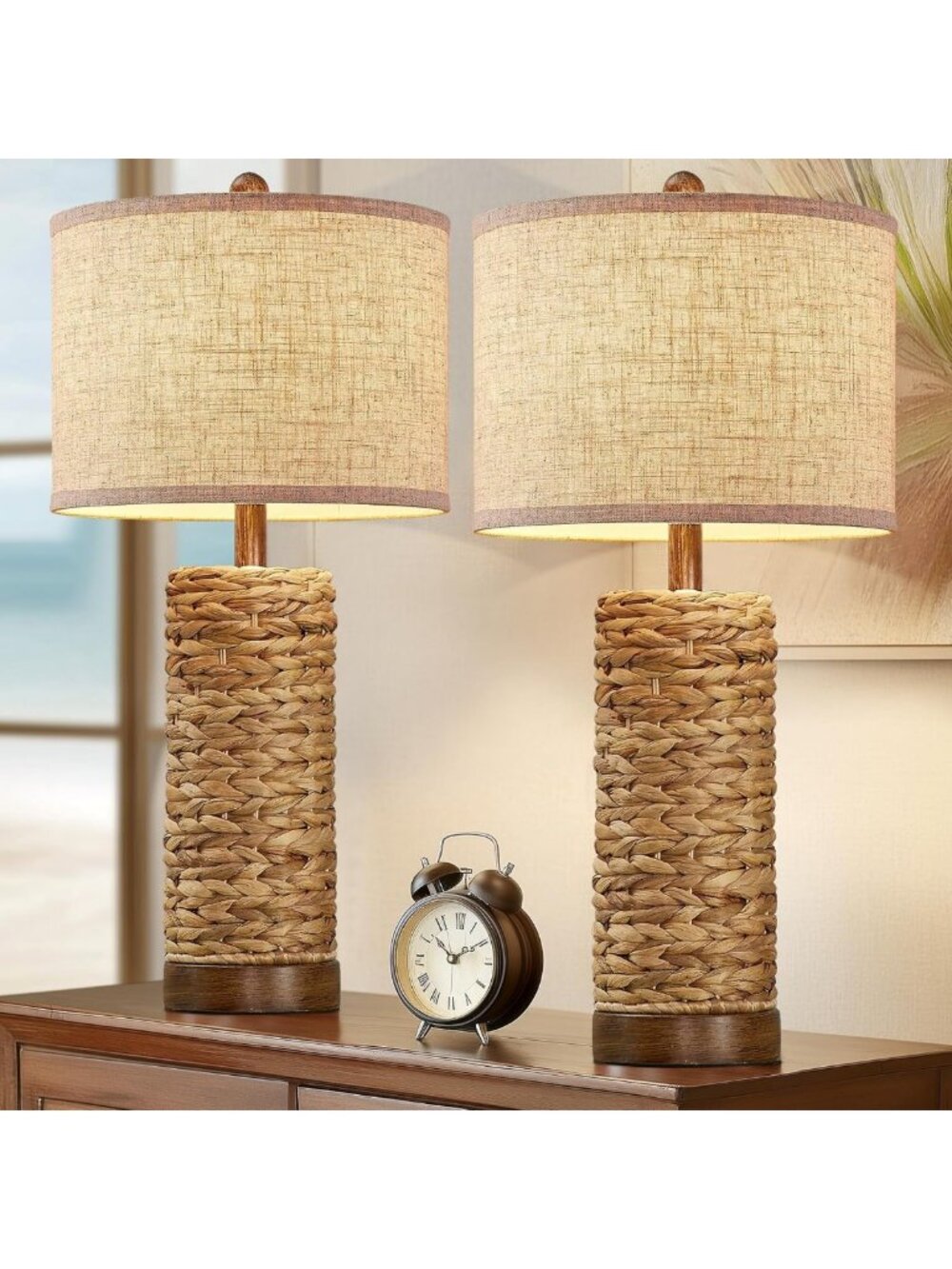 Set of 2 Rustic Coastal Boho Rattan Table Lamps, 27.5'' Hand-Woven Wicker with